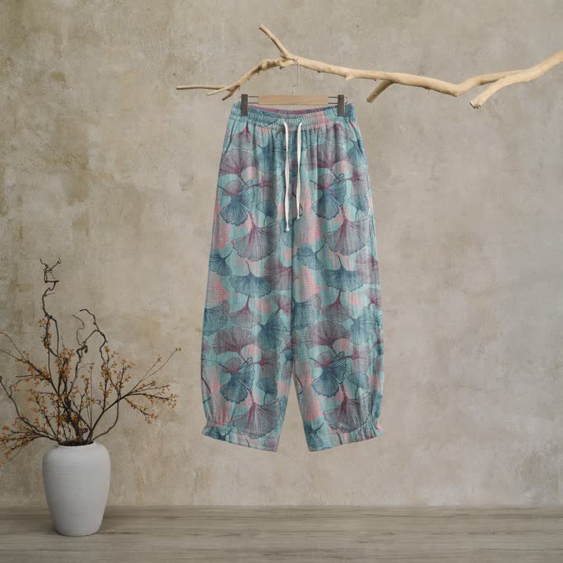 Pantaloni da casa vintage in cotone con foglie di ginkgo - Blu - XL - image 0