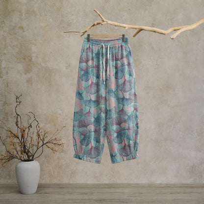 Pantaloni da casa vintage in cotone con foglie di ginkgo - Blu - XL - image 0