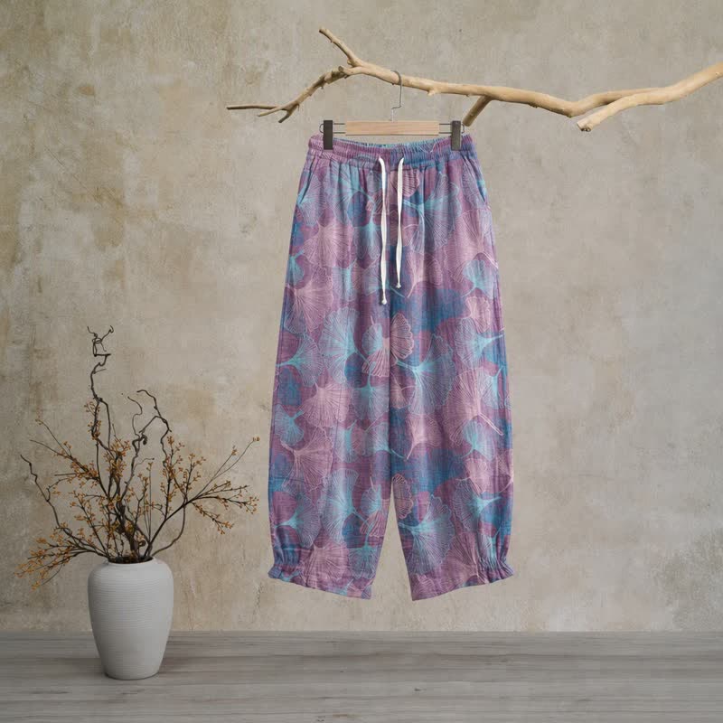 Pantaloni da casa vintage in cotone con foglie di ginkgo - Viola - XL - image 5