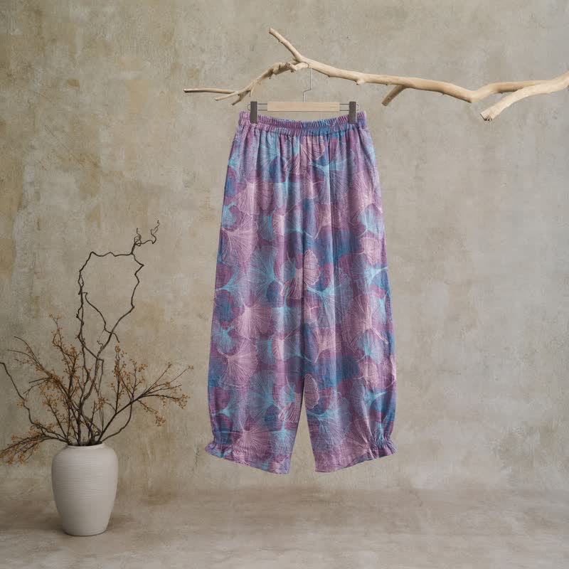Pantaloni da casa vintage in cotone con foglie di ginkgo - image 6