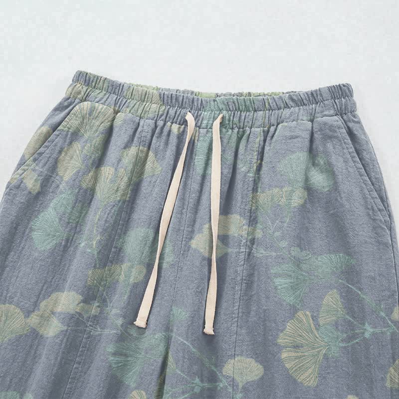 Pantaloni da casa in cotone con foglie di ginkgo in stile retrò botanico - image 2