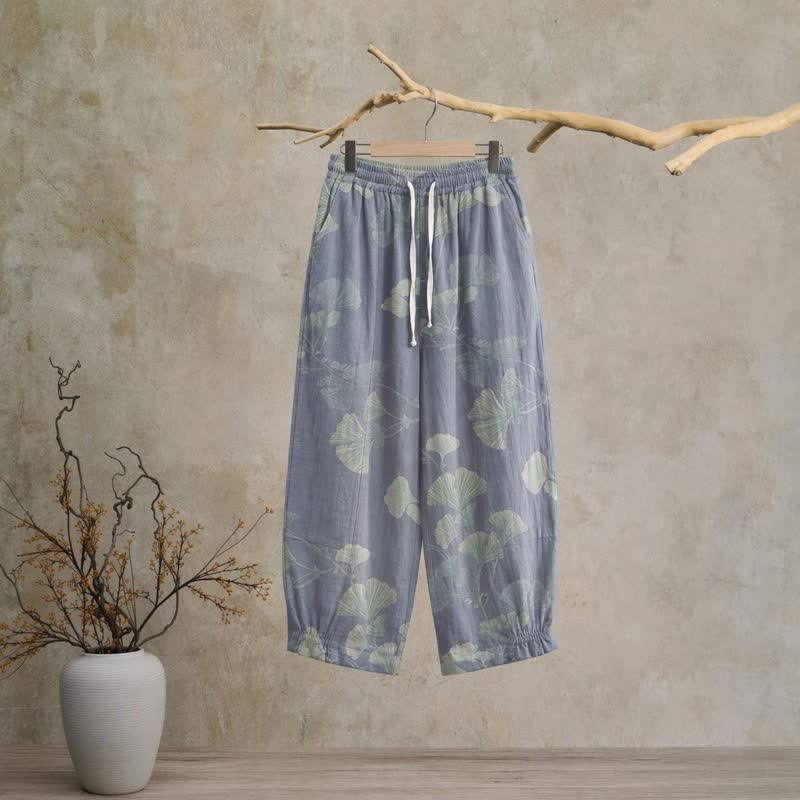Pantaloni da casa in cotone con foglie di ginkgo in stile retrò botanico - Blu - XL - image 0