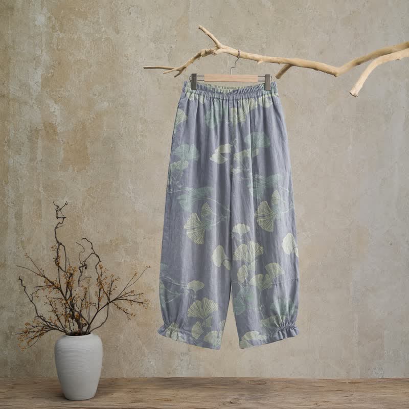 Pantaloni da casa in cotone con foglie di ginkgo in stile retrò botanico - image 1