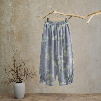 Pantaloni da casa in cotone con foglie di ginkgo in stile retrò botanico - image 1