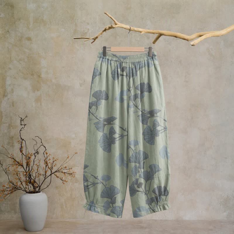 Pantaloni da casa in cotone con foglie di ginkgo in stile retrò botanico - image 6