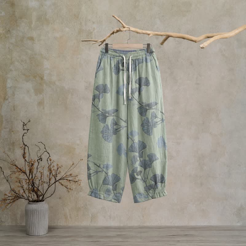 Pantaloni da casa in cotone con foglie di ginkgo in stile retrò botanico - Verde - XL - image 5