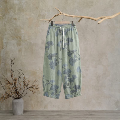 Pantaloni da casa in cotone con foglie di ginkgo in stile retrò botanico - Verde - XL - image 5