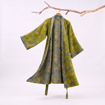 Kimono in cotone con foglie di ginkgo verde-grigio. - Verde - 2XL - image 0