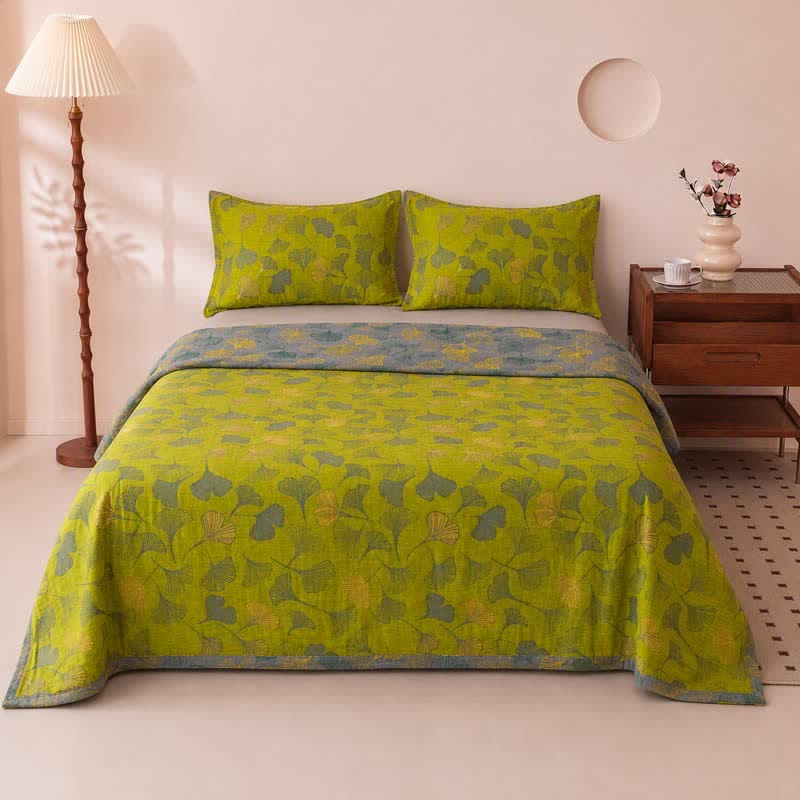Set copriletto vintage in cotone con foglie di ginkgo verdi - image 1