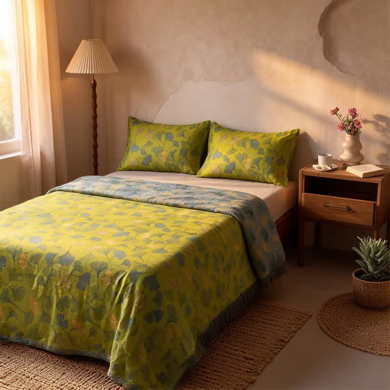 Set copriletto vintage in cotone con foglie di ginkgo verdi - image 4