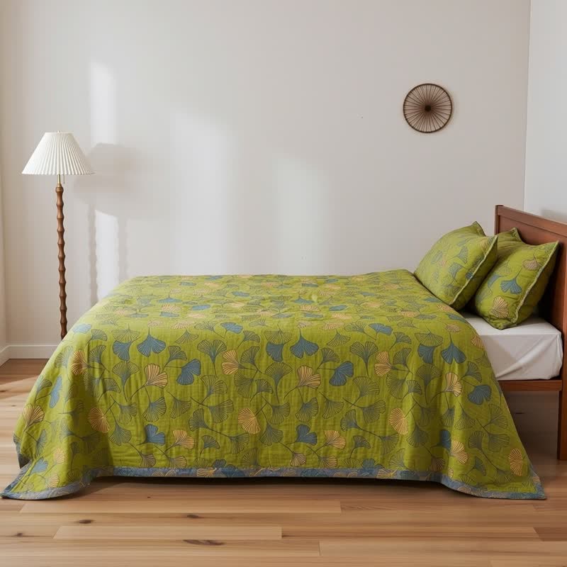 Set copriletto vintage in cotone con foglie di ginkgo verdi - image 5