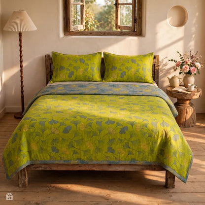 Set copriletto vintage in cotone con foglie di ginkgo verdi - image 2
