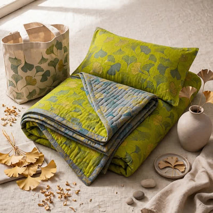 Set copriletto vintage in cotone con foglie di ginkgo verdi - Verde - 2 federe - 40'' x 20'' - image 6