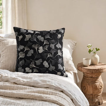 Cuscino decorativo vintage con foglie di ginkgo nero - Nero - 45cm x 45cm - Con inserto - image 0