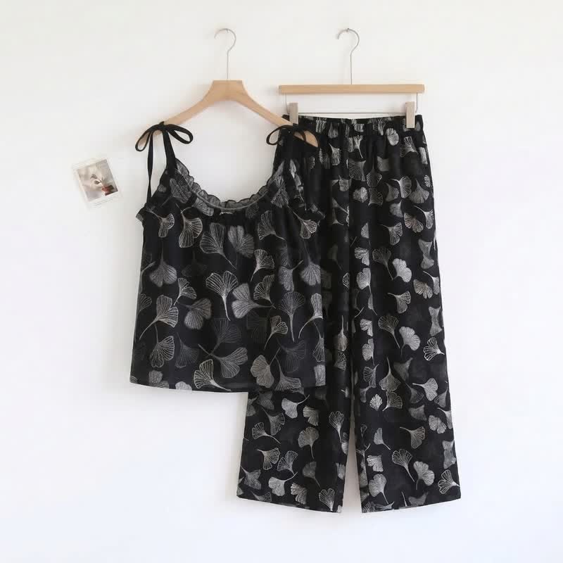 Completo da casa in cotone con foglie di ginkgo vintage - Nero - XL - image 0