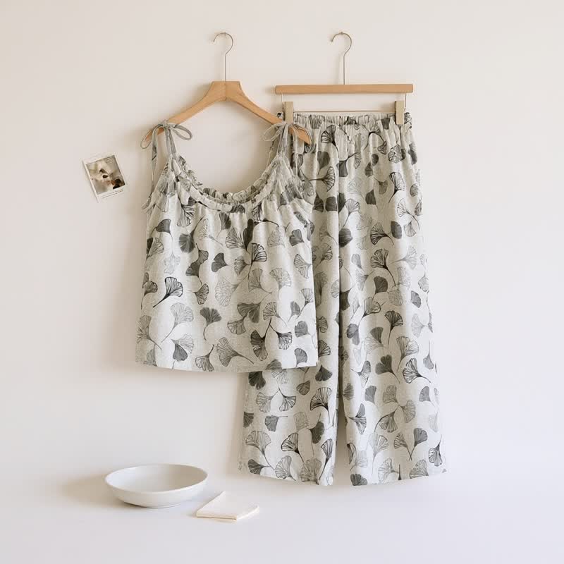 Completo da casa in cotone con foglie di ginkgo vintage - Bianco - XL - image 7