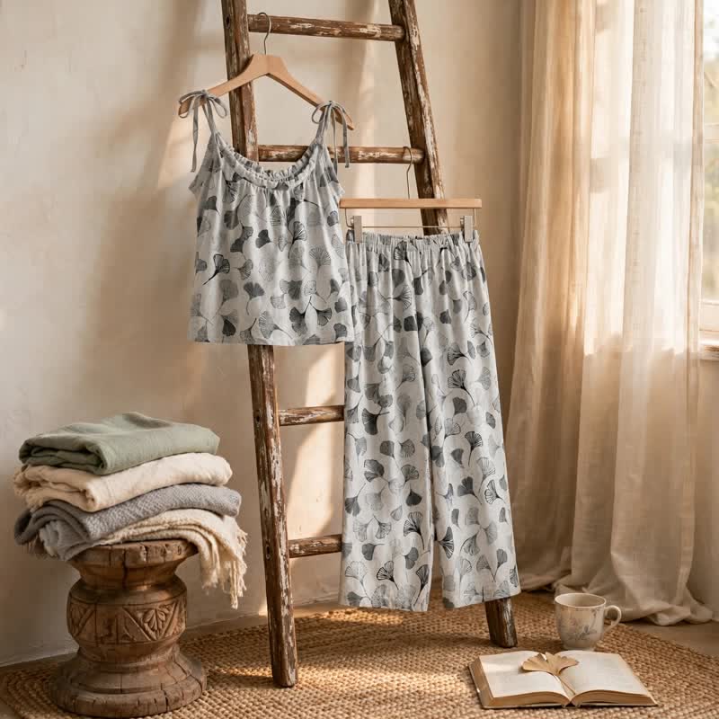 Completo da casa in cotone con foglie di ginkgo vintage - image 8