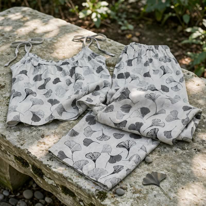 Completo da casa in cotone con foglie di ginkgo vintage - image 10