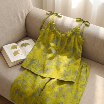 Completo da casa in cotone con canotta e foglie di ginkgo in stile retrò botanico. - image 5