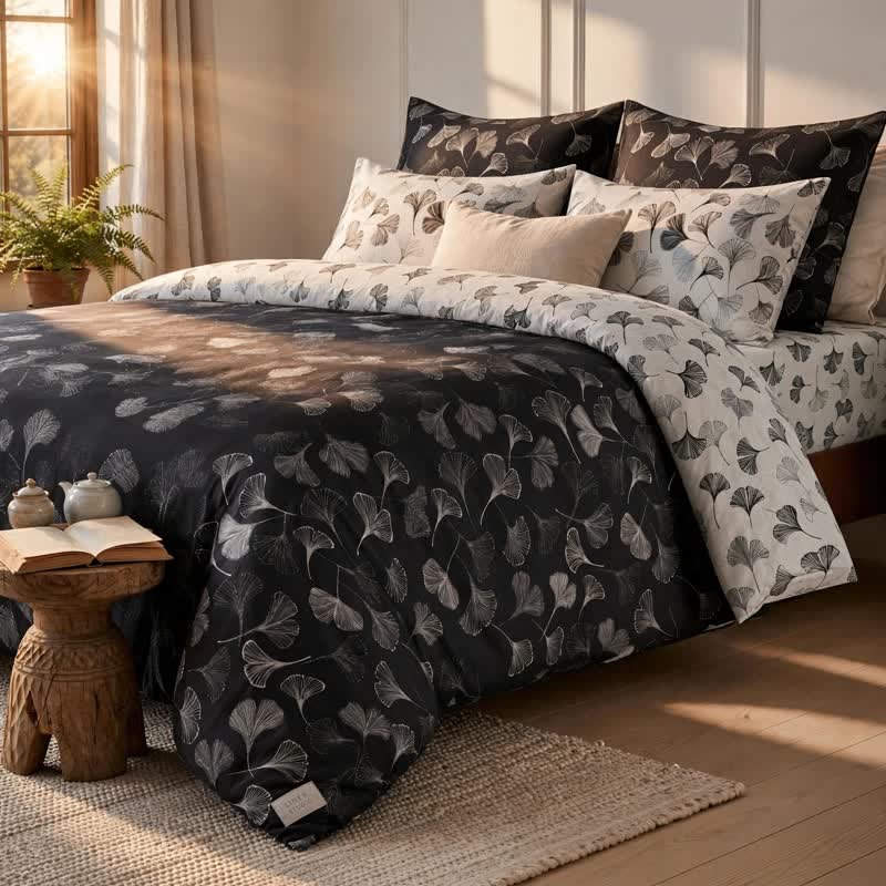 Set di biancheria da letto reversibile in cotone con motivo vintage a foglie di ginkgo nero - Nero - Set di biancheria da letto (4 pezzi) - Matrimoniale Grande - image 0