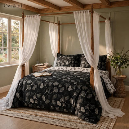 Set di biancheria da letto reversibile in cotone con motivo vintage a foglie di ginkgo nero - image 4