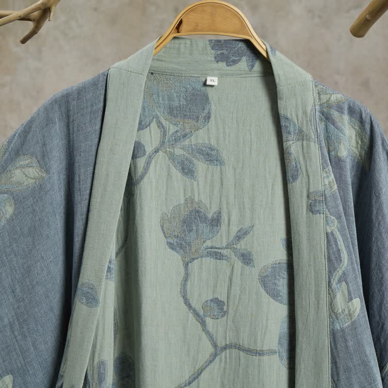 Kimono in cotone con stampa floreale color blu salvia - image 3
