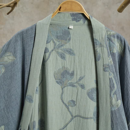 Kimono in cotone con stampa floreale color blu salvia - image 3