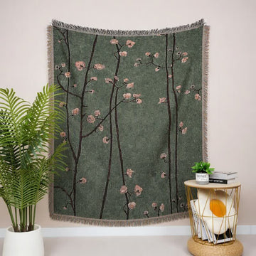 Plaid decorativo vintage con nappe a forma di fiore di prugno verde. - 130cm x 152cm - image 0