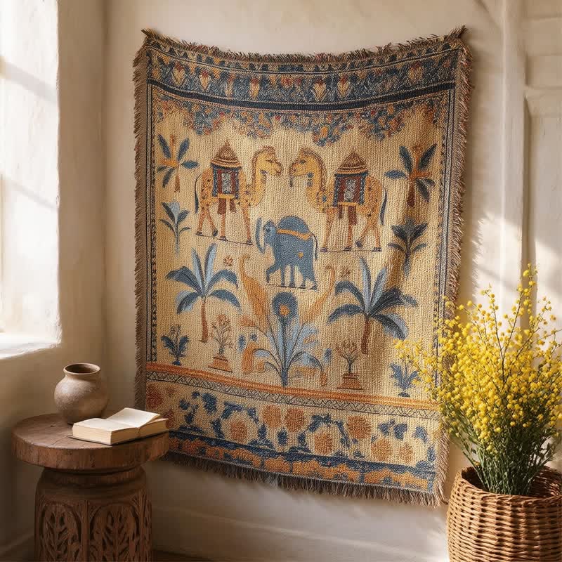 Plaid vintage multiuso con motivo cammello ed elefante - 160cm x 130cm - image 0