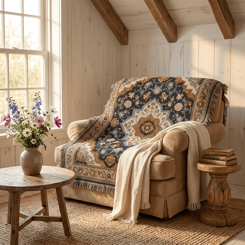 Coperta con frange e medaglione floreale persiano in stile retrò - image 3