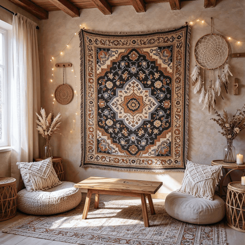 Coperta con frange e medaglione floreale persiano in stile retrò - image 1