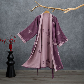 Kimono in doppia garza di cotone con motivo a farfalla - Viola prugna - 2XL - image 0