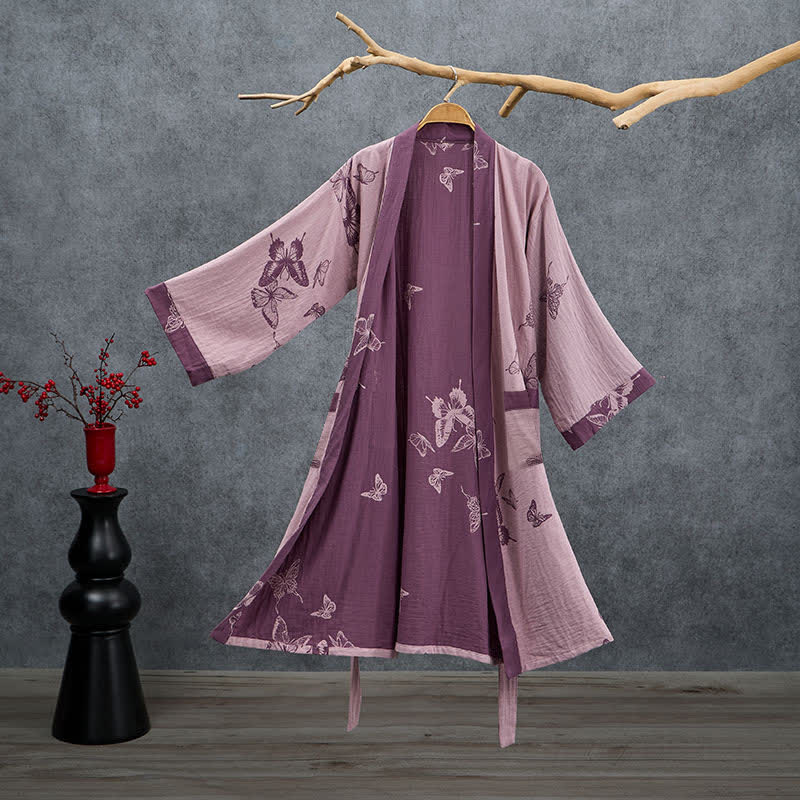 Kimono in doppia garza di cotone con motivo a farfalla - Lavanda polverosa - 2XL - image 7