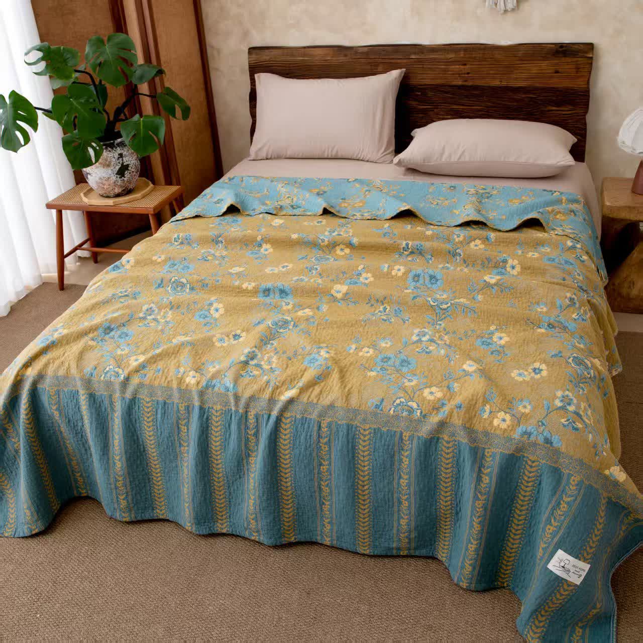 Trapunta leggera in cotone Cottage Bloom - Blu Verde - Matrimoniale Grande - image 0