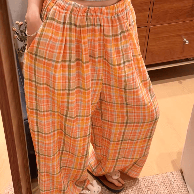 Pantaloni da casa in cotone a trama grossa con stampa a quadri arancione e soda - image 1