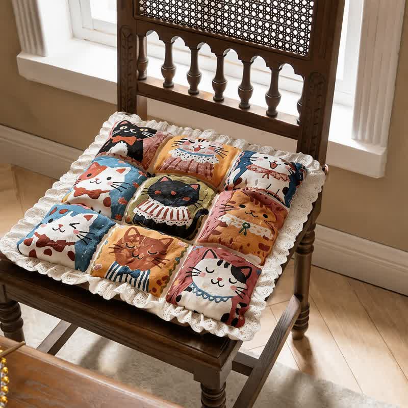 Cuscino per sedia in cotone con motivo a griglia e rifinitura in pizzo e gatto - 40cm x 40cm - image 0