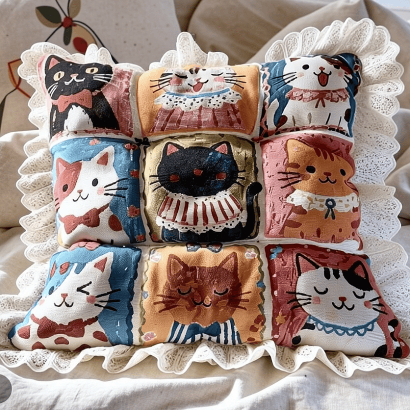 Cuscino per sedia in cotone con motivo a griglia e rifinitura in pizzo e gatto - image 2