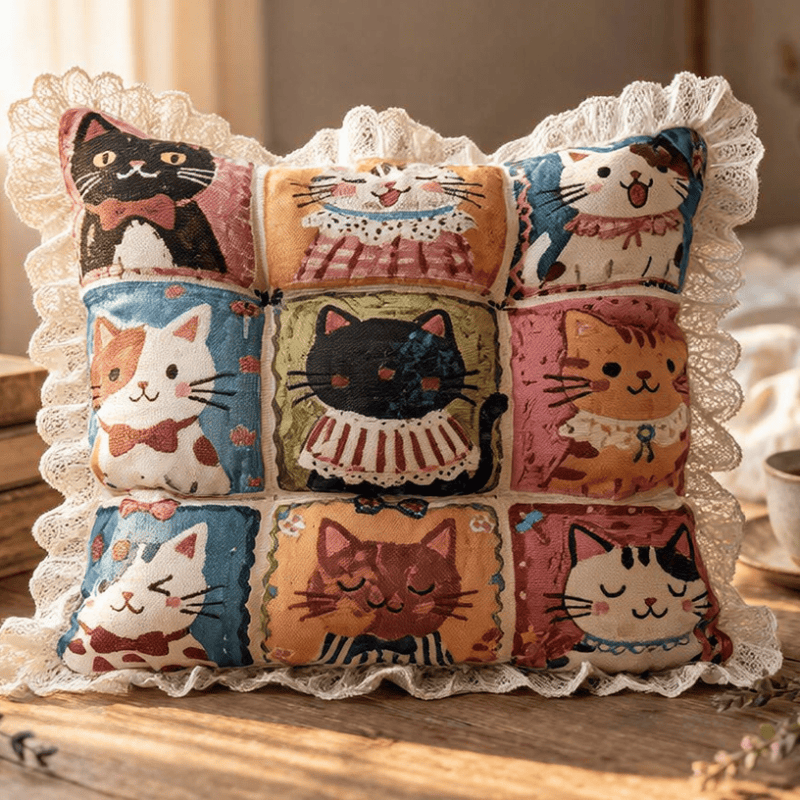 Cuscino per sedia in cotone con motivo a griglia e rifinitura in pizzo e gatto - image 1