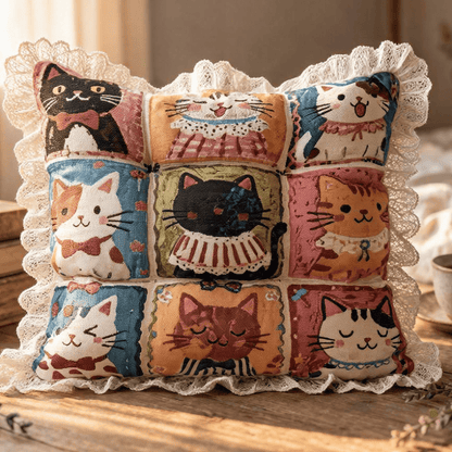 Cuscino per sedia in cotone con motivo a griglia e rifinitura in pizzo e gatto - image 1