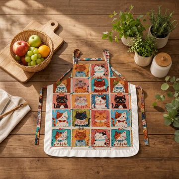 Grembiule da cucina in cotone con volant e stampa a griglia di gatti - Multicolore - image 0