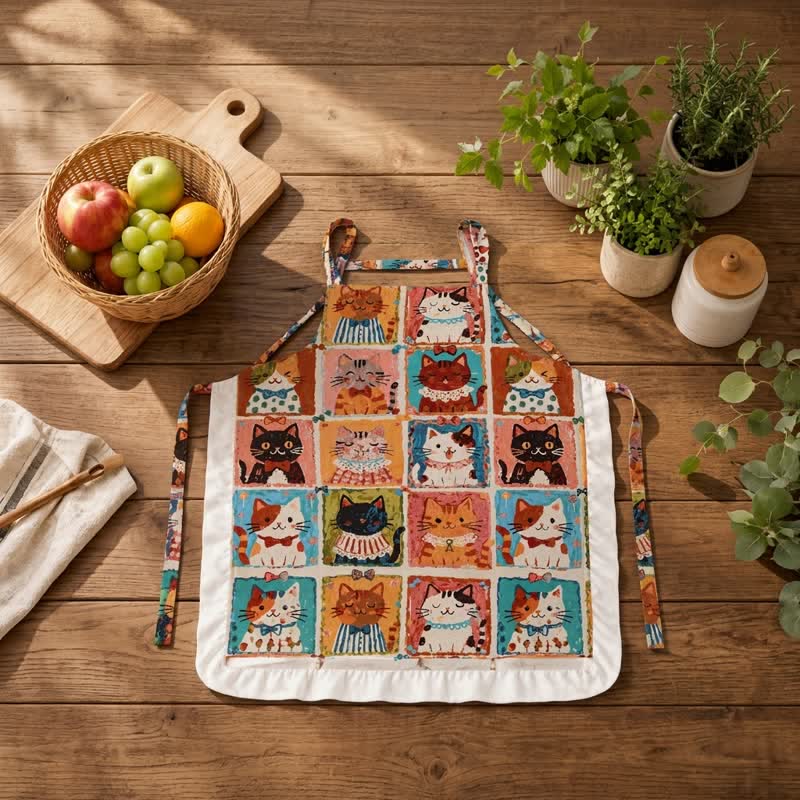 Grembiule da cucina in cotone con volant e stampa a griglia di gatti - Multicolore - image 0