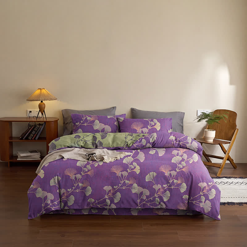 Set di biancheria da letto reversibile in cotone con motivo a foglie di ginkgo in stile retrò - image 3