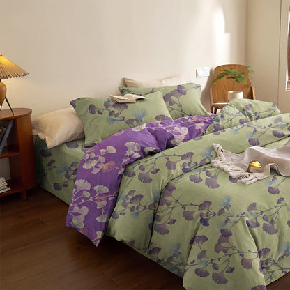 Set di biancheria da letto reversibile in cotone con motivo a foglie di ginkgo in stile retrò - image 8
