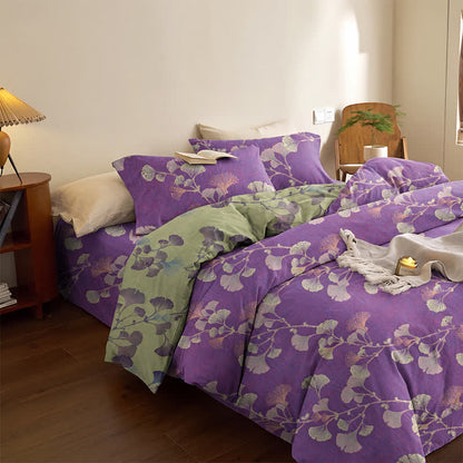 Set di biancheria da letto reversibile in cotone con motivo a foglie di ginkgo in stile retrò - Viola e verde - Set di biancheria da letto (4 pezzi) - Matrimoniale - image 0