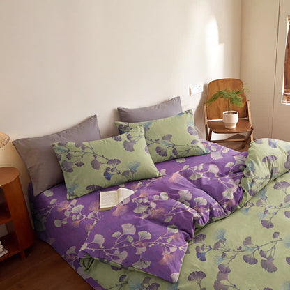Set di biancheria da letto reversibile in cotone con motivo a foglie di ginkgo in stile retrò - Verde e viola - Set di biancheria da letto (4 pezzi) - Matrimoniale - image 7