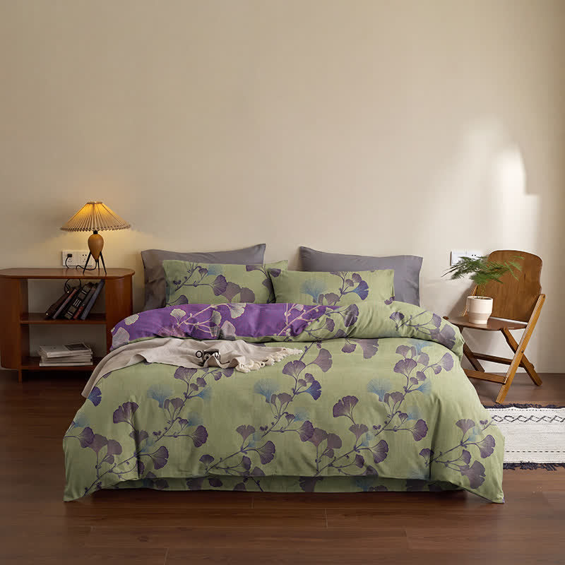 Set di biancheria da letto reversibile in cotone con motivo a foglie di ginkgo in stile retrò - image 6