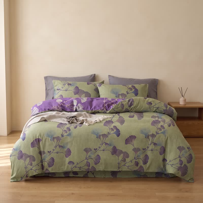 Set di biancheria da letto reversibile in cotone con motivo a foglie di ginkgo in stile retrò - image 9