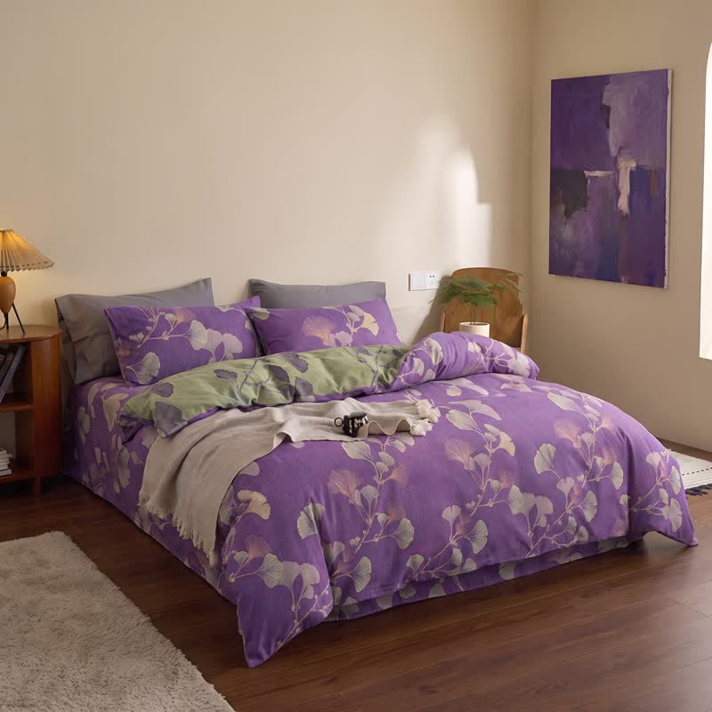 Set di biancheria da letto reversibile in cotone con motivo a foglie di ginkgo in stile retrò - image 2