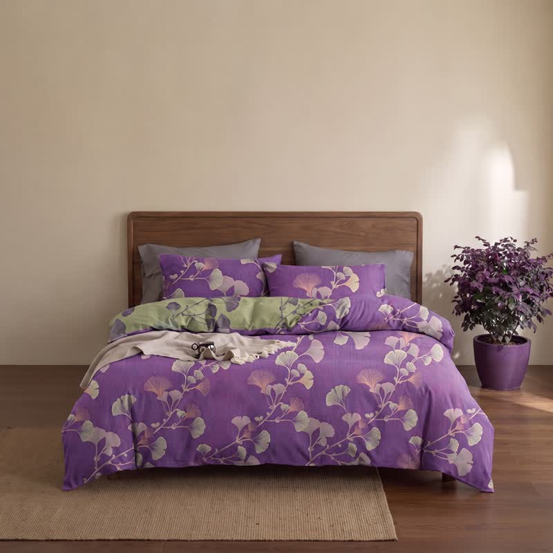 Set di biancheria da letto reversibile in cotone con motivo a foglie di ginkgo in stile retrò - image 4