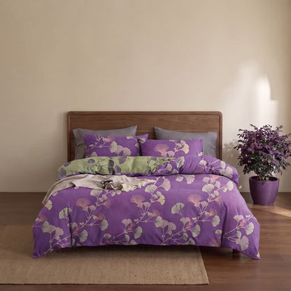 Set di biancheria da letto reversibile in cotone con motivo a foglie di ginkgo in stile retrò - image 4